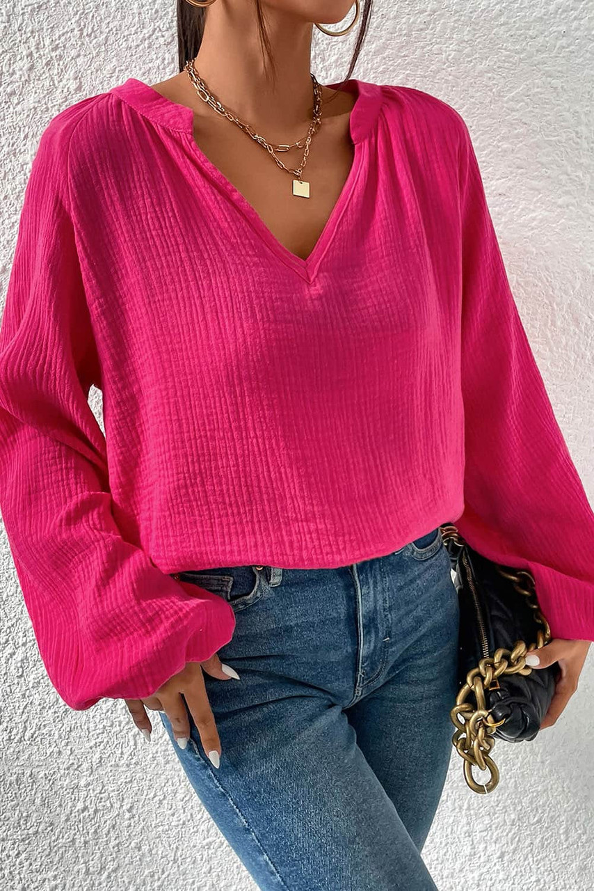 Rose Crinkle Split Neck Puff Sleeve Blouse