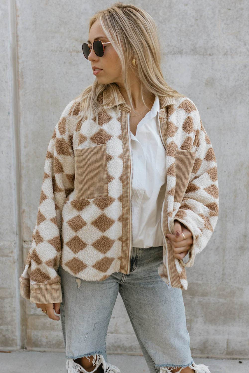 Apricot Geometric Pattern Corduroy Patch Pockets Sherpa Jacket