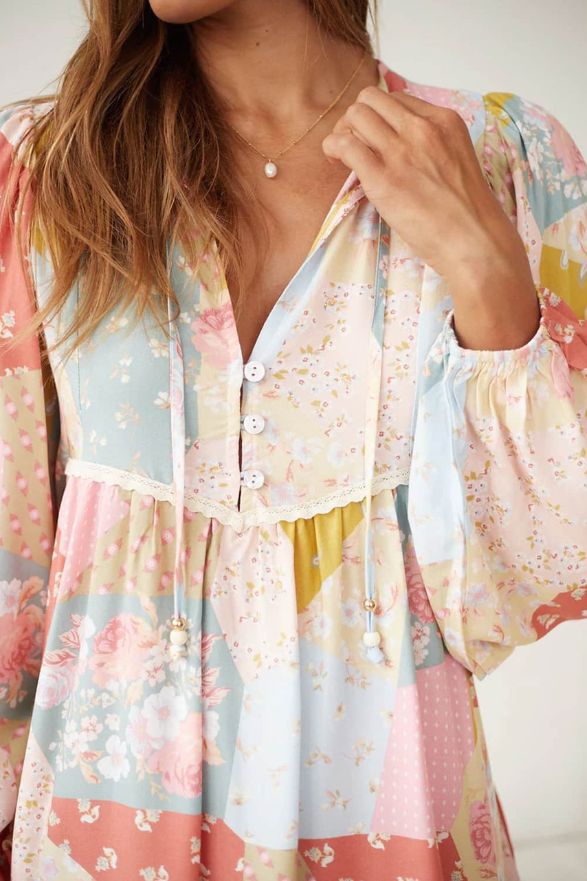 Multicolor Floral Puff Sleeve Buttoned V-Neck Dress