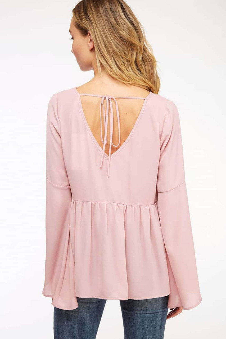 Pink V-Neck Bell Sleeve Back-Tie Ruffled Blouse