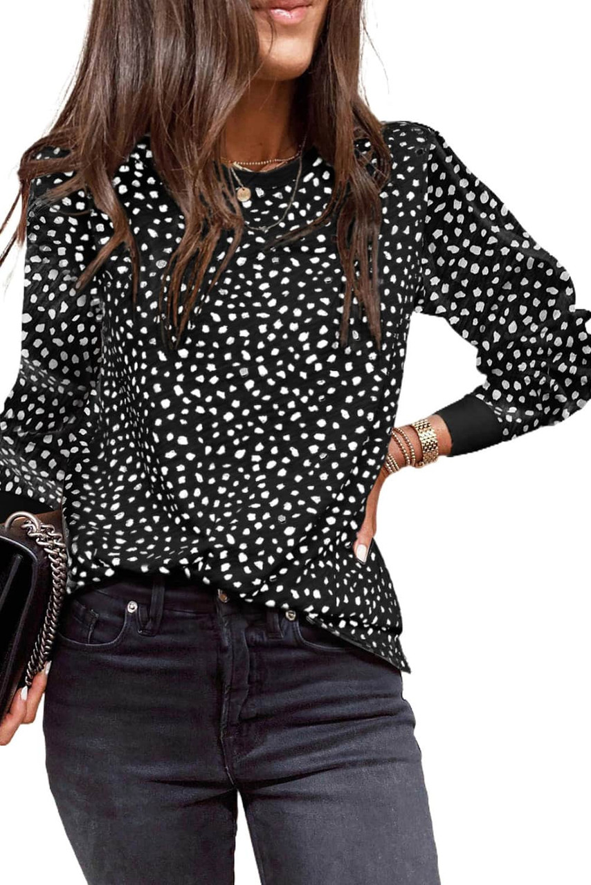 Black Animal Spotted Print Round Neck Long Sleeve Top