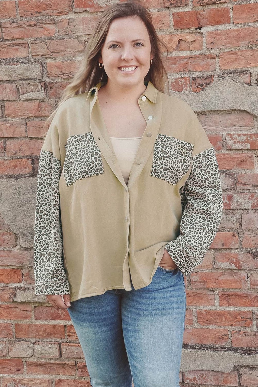 Khaki Plus Size Leopard Patchwork Shacket