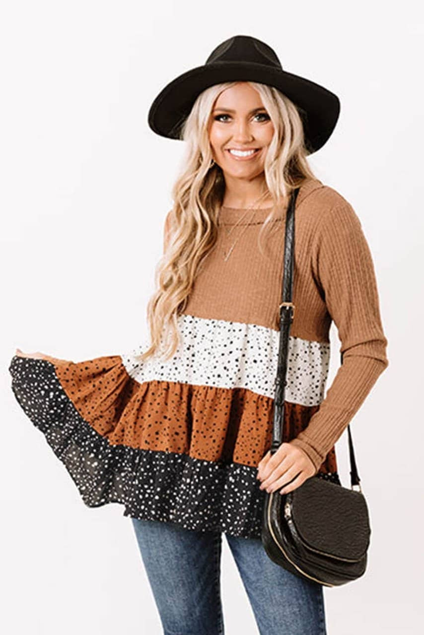 Brown Ribbed Long Sleeve Dotted Tiered Ruffled Flowy Top Brown Ribbed Long Sleeve Dotted Tiered Ruffled Flowy Top
