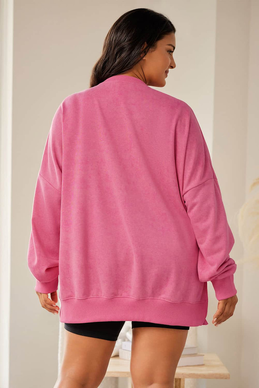 Pink Drop Shoulder Ribbed Trim Plus Size Sweatshirt