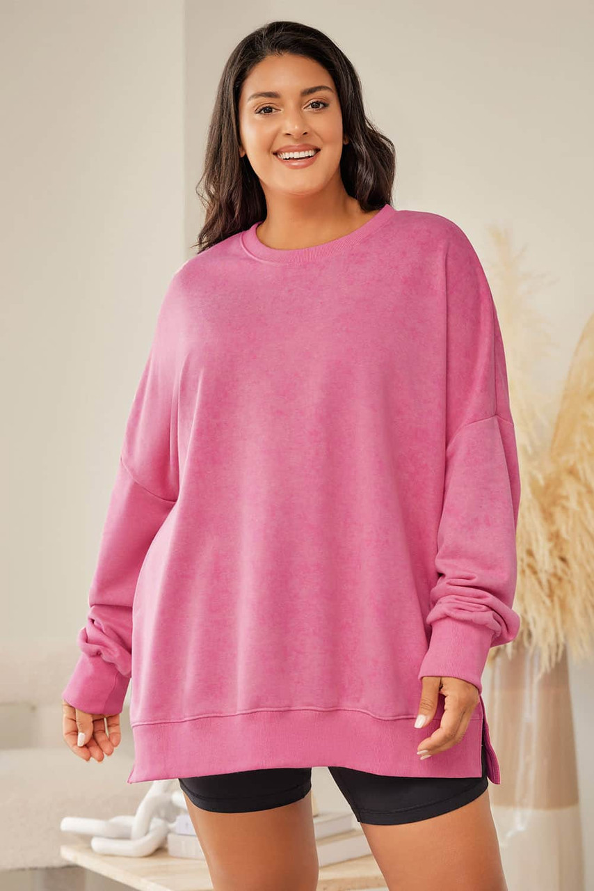 Pink Drop Shoulder Ribbed Trim Plus Size Sweatshirt