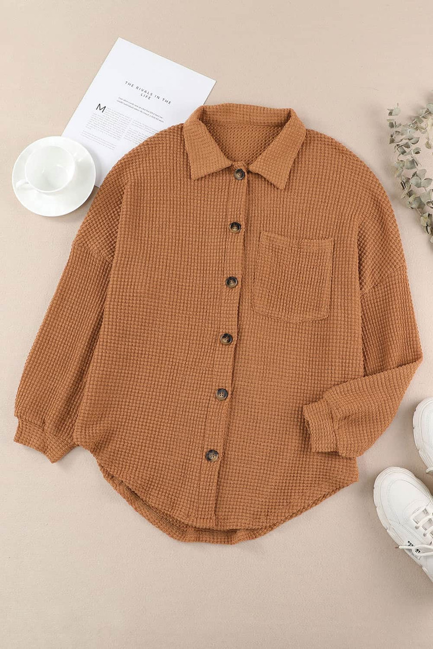 Brown Waffle Knit Button Up Casual Shirt