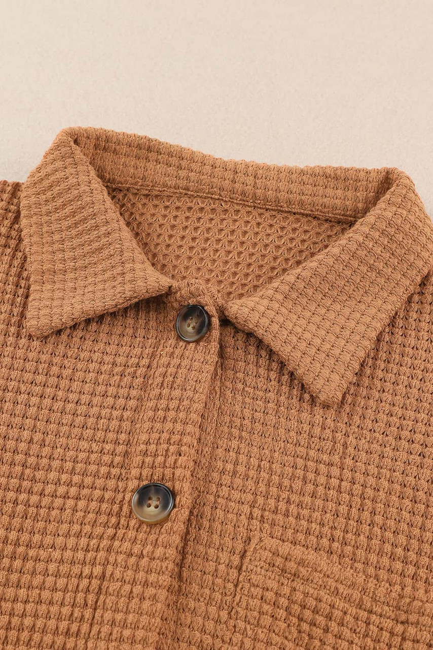 Brown Waffle Knit Button Up Casual Shirt