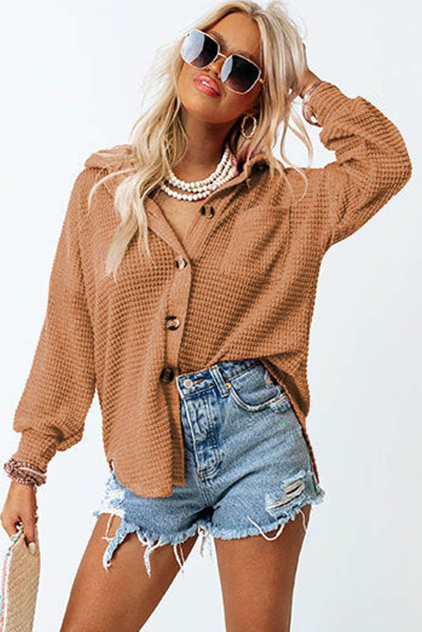 Brown Waffle Knit Button Up Casual Shirt