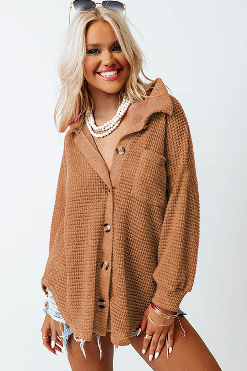 Brown Waffle Knit Button Up Casual Shirt