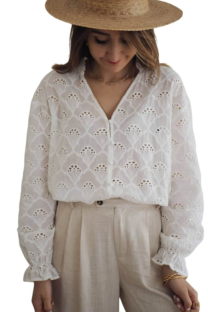 White Fanshaped Lace Hollow out Split Neck Puff Sleeve Blouse