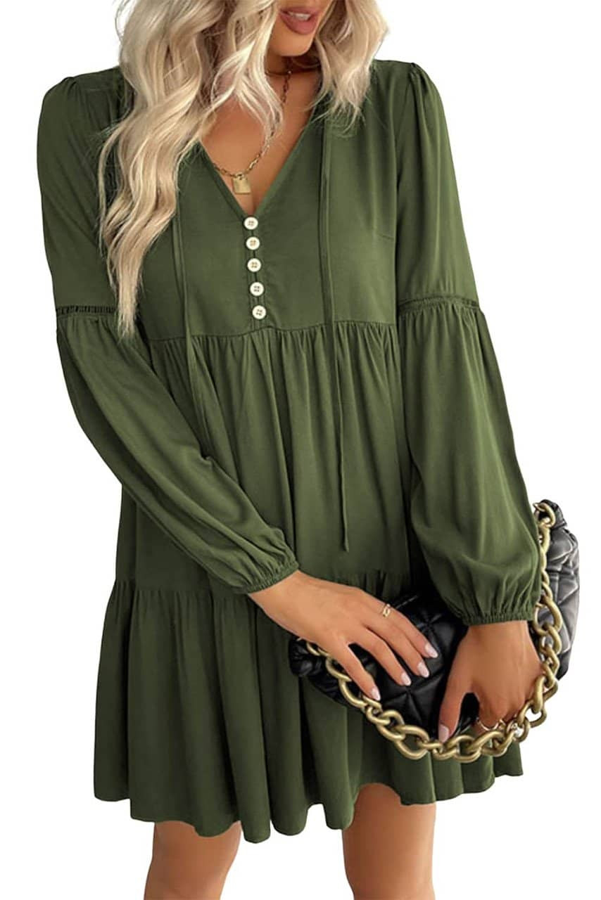 Green Lace Puff Sleeve Buttoned Tiered Ruffled Mini Dress Green Lace Puff Sleeve Buttoned Tiered Ruffled Mini Dress