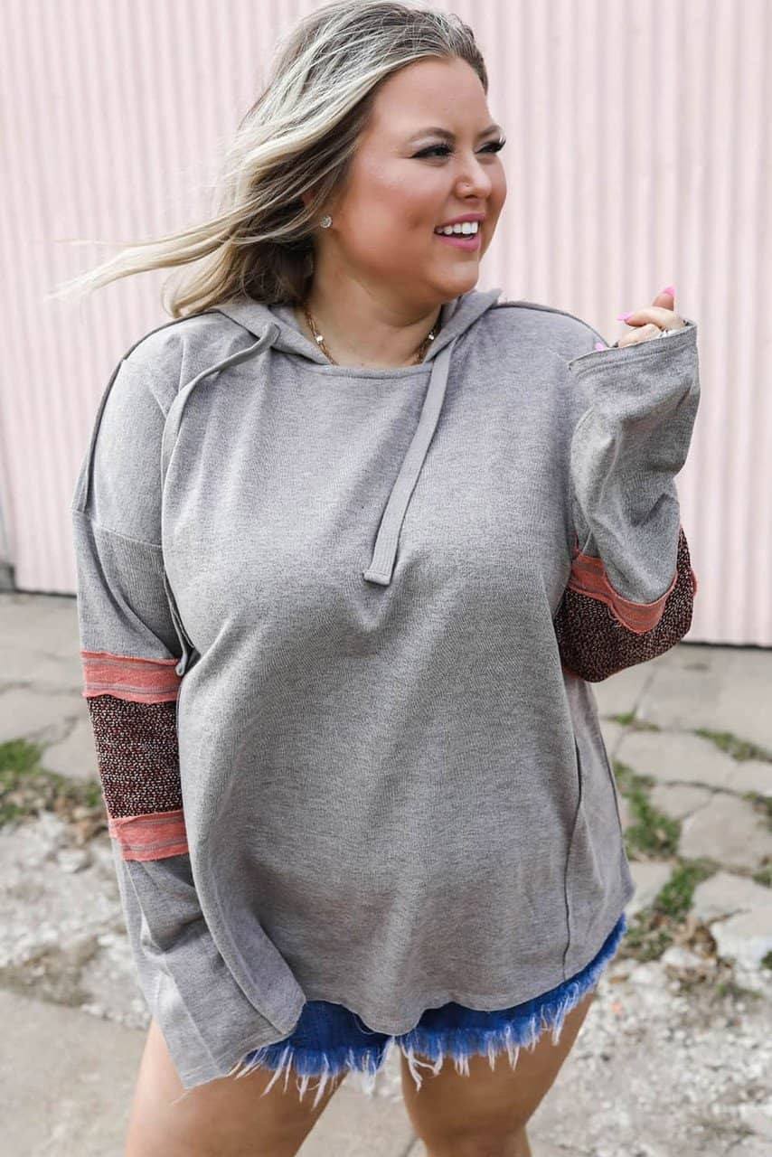 Gray Contrast Patched Sleeve Plus Size Hoodie Gray Contrast Patched Sleeve Plus Size Hoodie