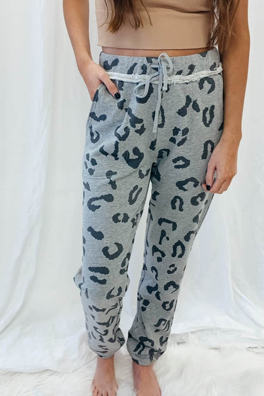 Gray Leopard Print Drawstring High Waist Jogger Pants