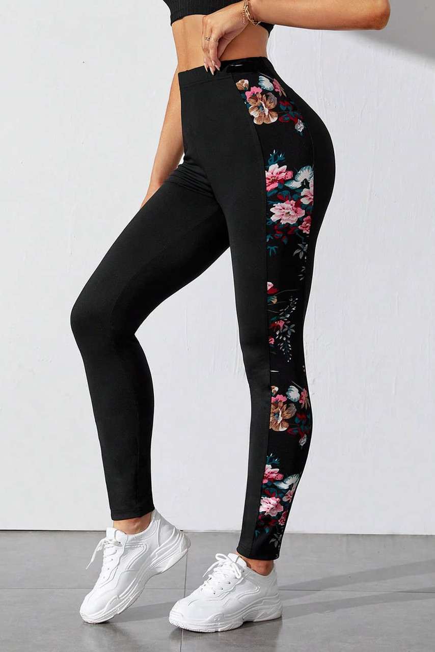 Black Floral Print Patch High Waist Leggings