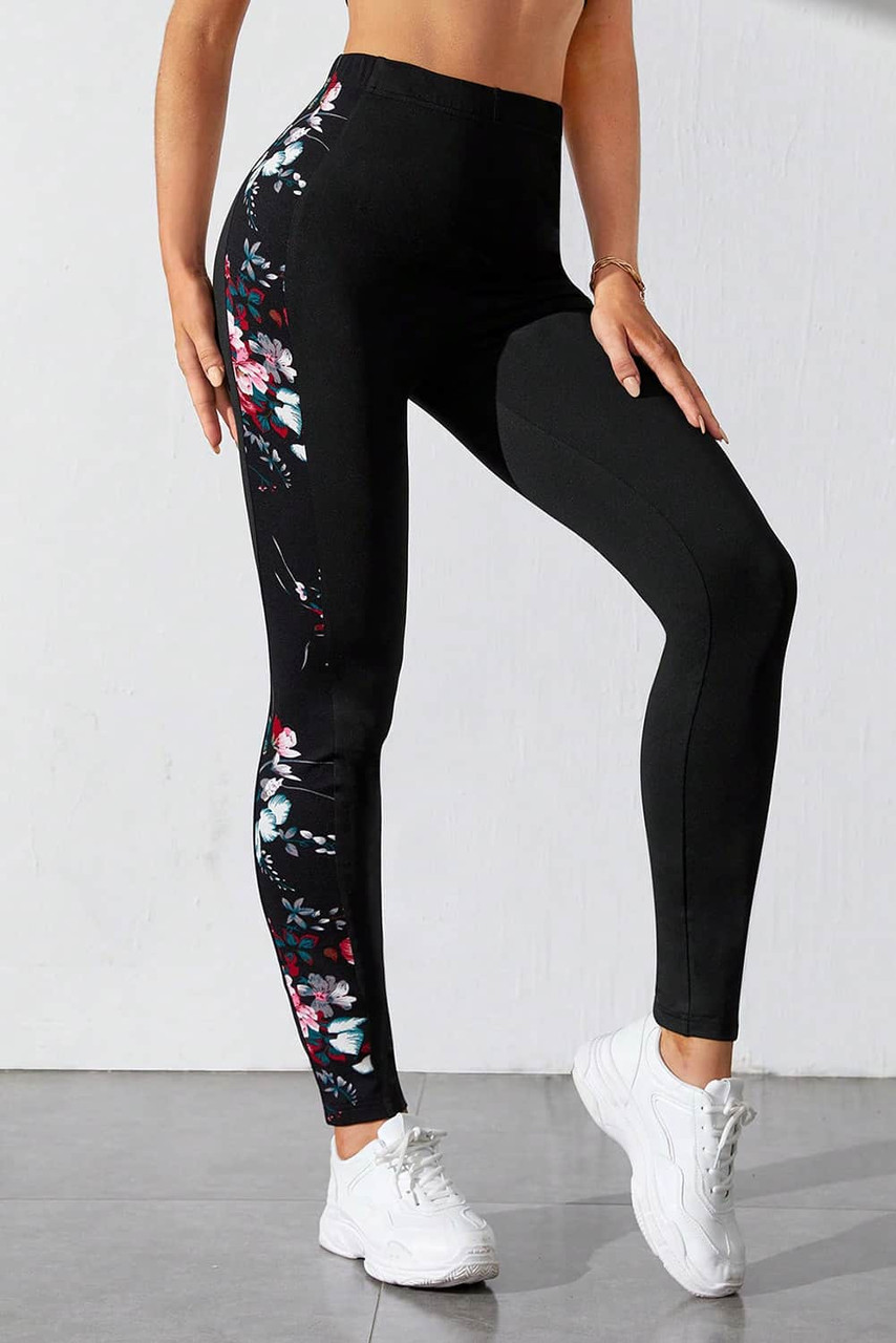 Black Floral Print Patch High Waist Leggings