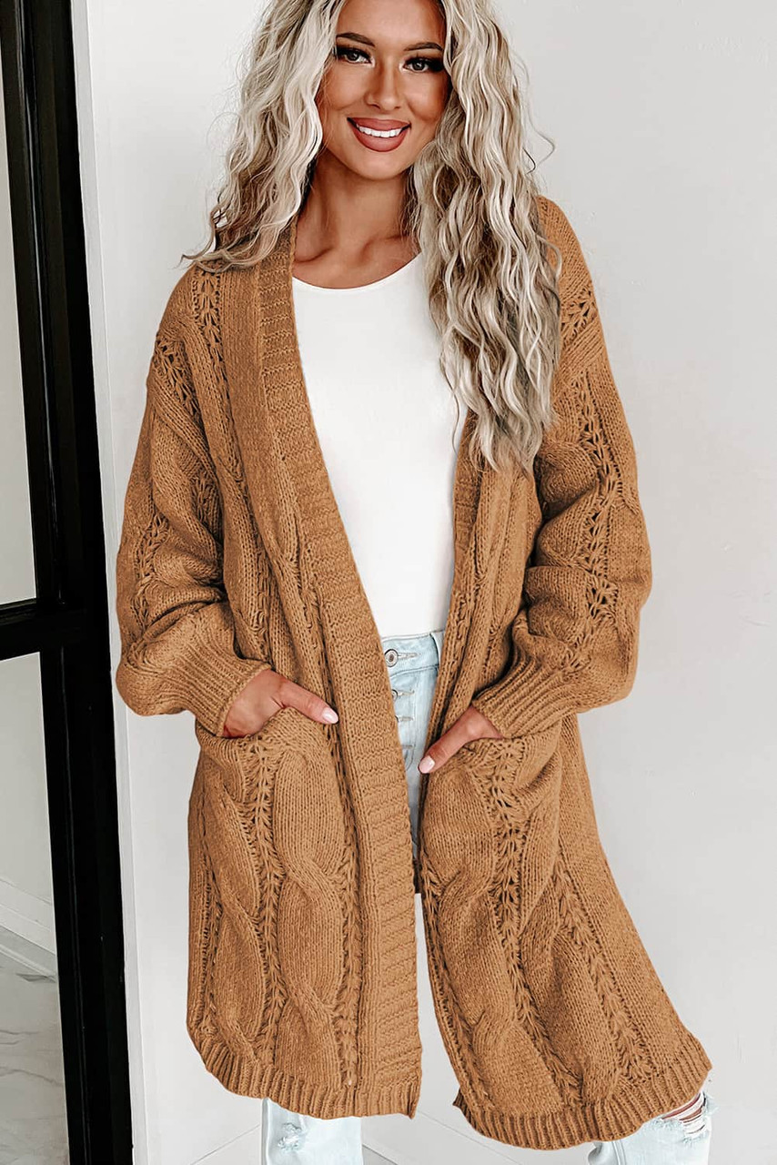 Khaki Ribbed Trim Eyelet Cable Knit Cardigan