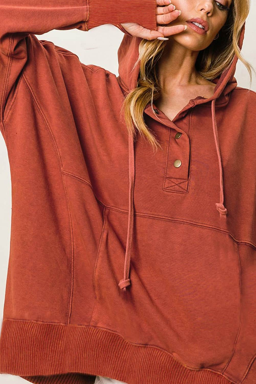 Orange Oversized Snap Buttons Thumb Hole Pullover Hoodie