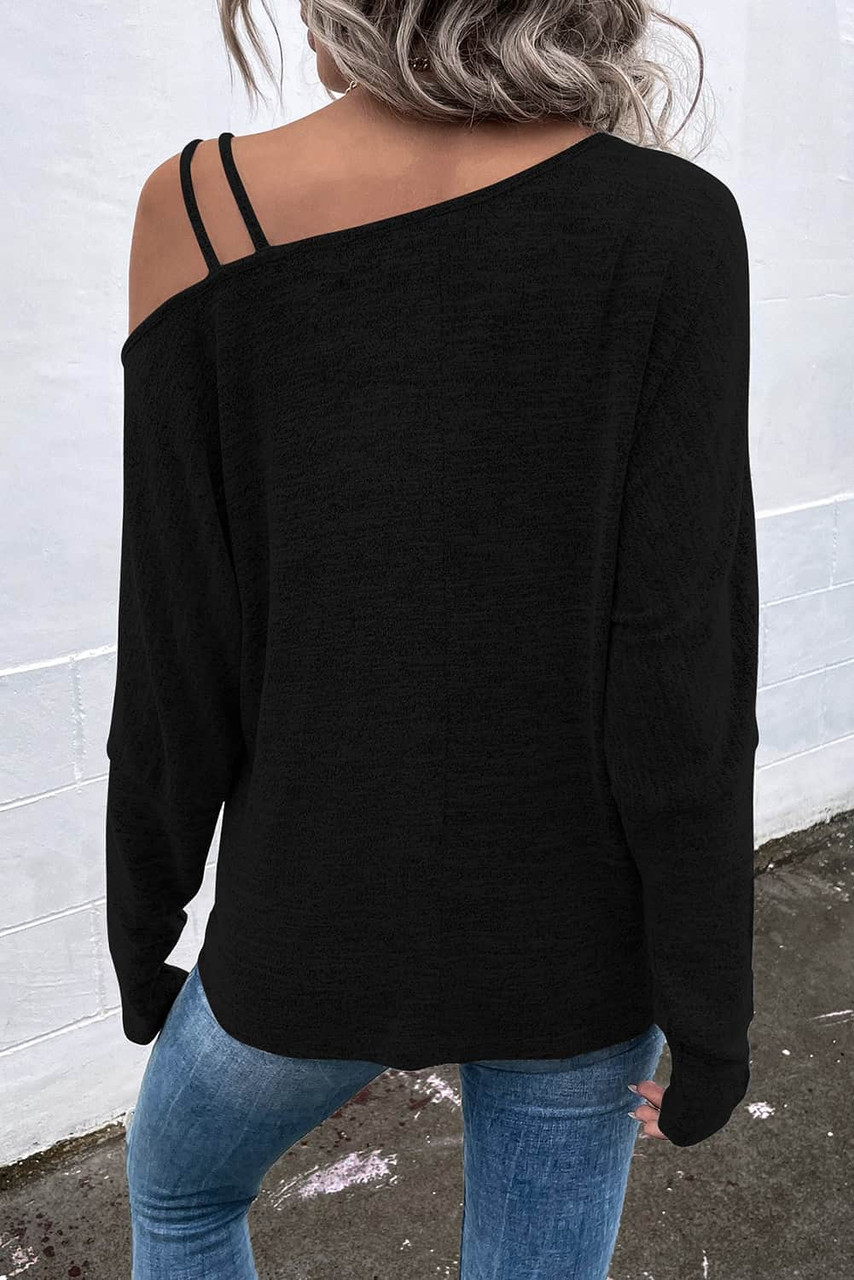 Black Asymmetric Strappy Cold Shoulder Long Sleeve Top