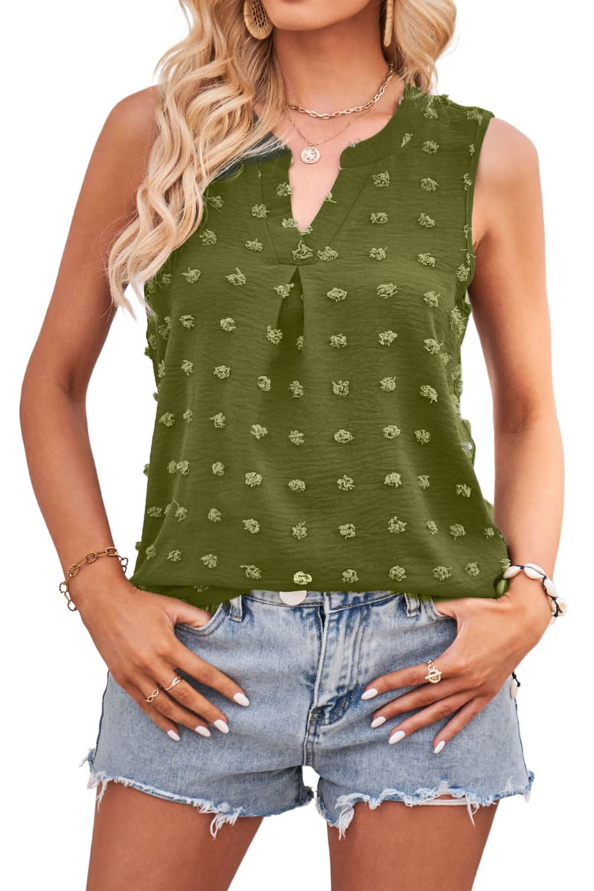 Green Swiss Dot Notched V Neck Tank Top