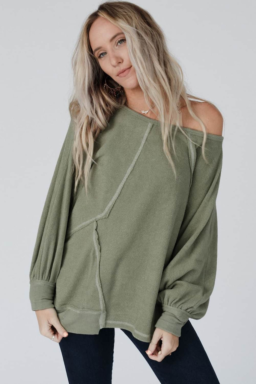 Green Exposed Seam Patchwork Dolman Sleeve Top