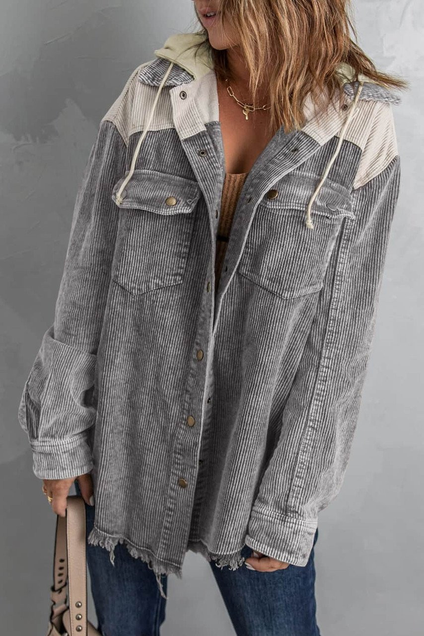 Gray Color Block Button Down Hooded Corduroy Jacket Gray Color Block Button Down Hooded Corduroy Jacket