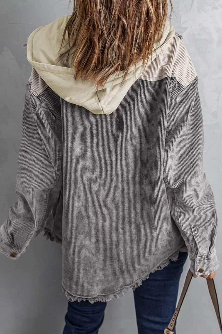 Gray Color Block Button Down Hooded Corduroy Jacket Gray Color Block Button Down Hooded Corduroy Jacket
