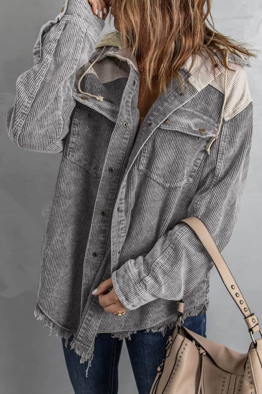 Gray Color Block Button Down Hooded Corduroy Jacket Gray Color Block Button Down Hooded Corduroy Jacket