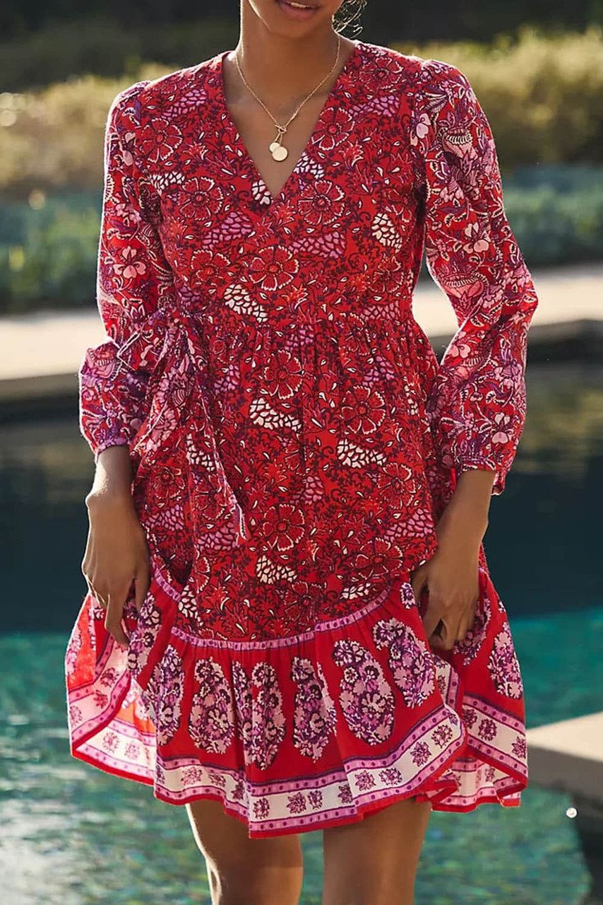 Red Hot Boho Floral Tie Wrap V Neck Ruffle Dress