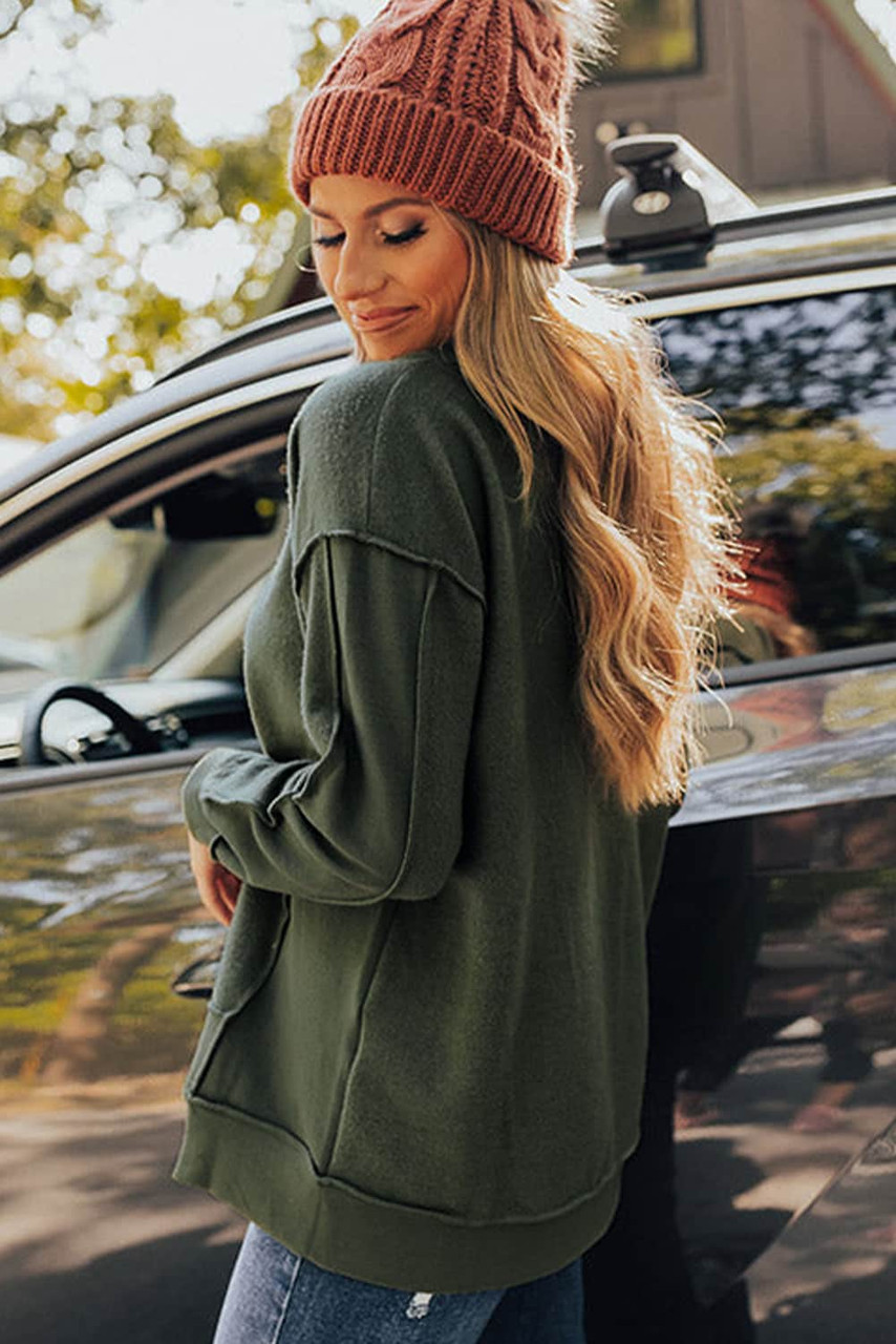 Green Expose Seam Detail Split Neck Long Sleeve Top