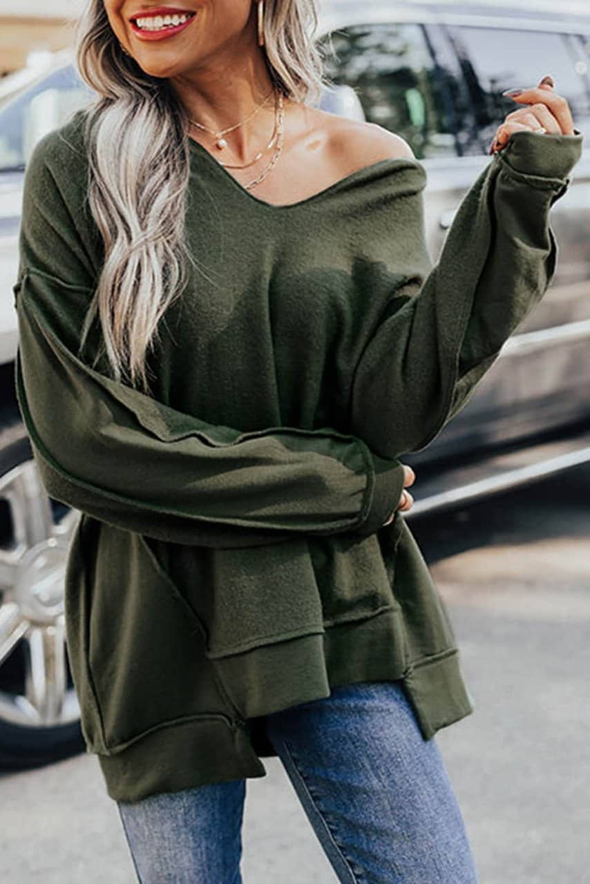 Green Expose Seam Detail Split Neck Long Sleeve Top Green Expose Seam Detail Split Neck Long Sleeve Top