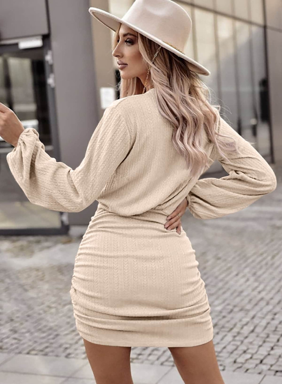 Apricot Tactile Texture Ruched Side Bubble Sleeve Knit Dress