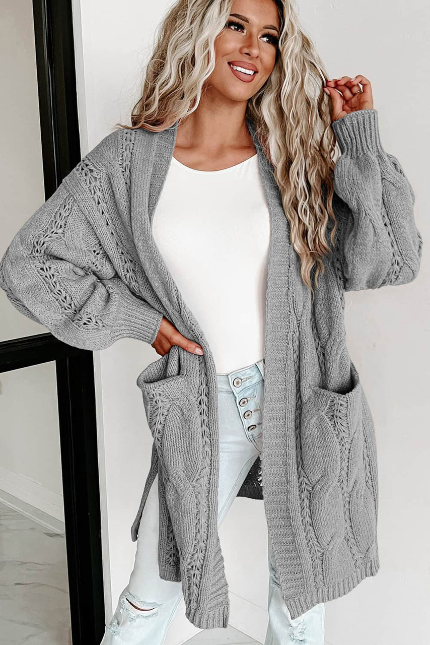 Gray Ribbed Trim Eyelet Cable Knit Cardigan