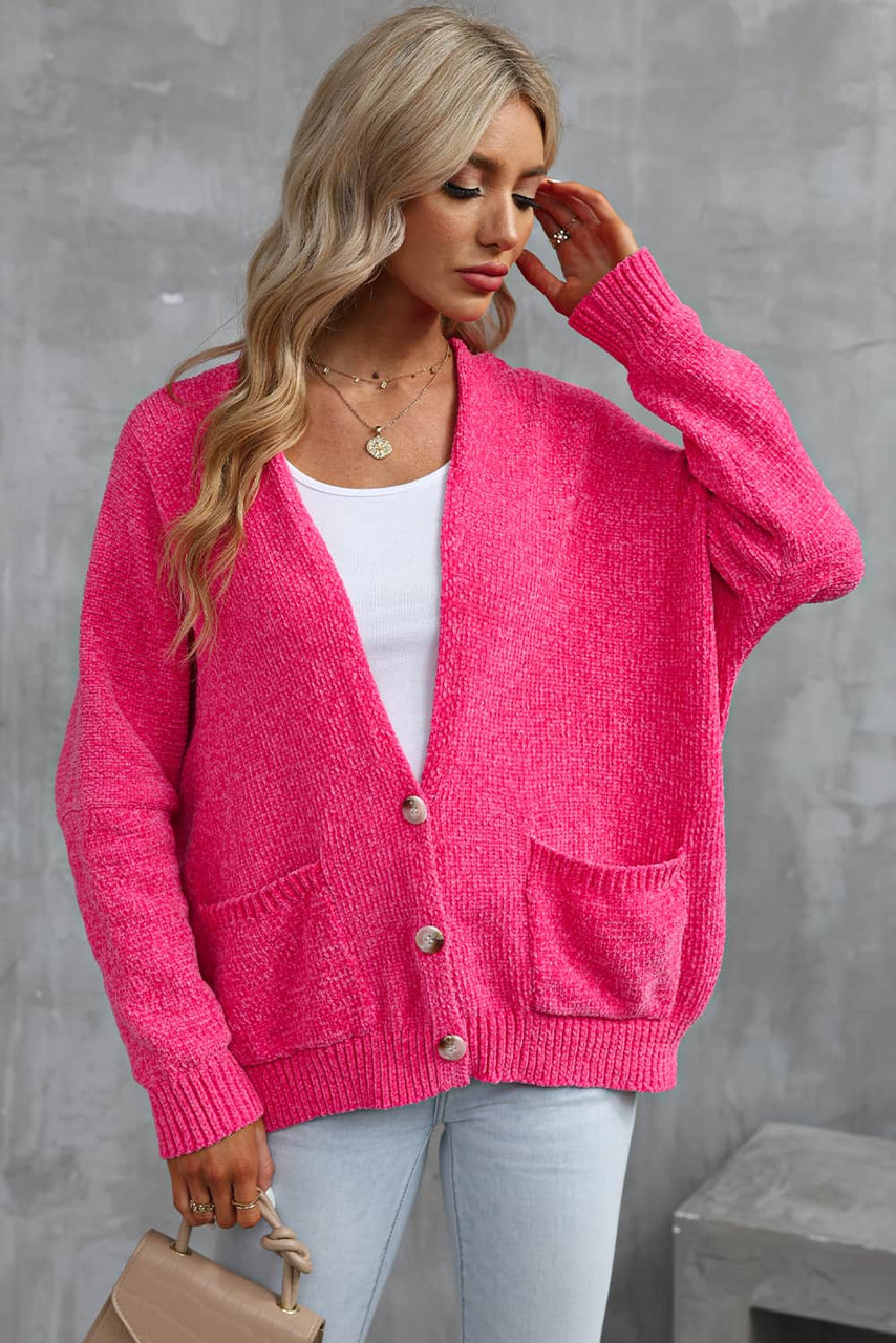 Rose Buttons Front Pocketed Sweater Cardigan