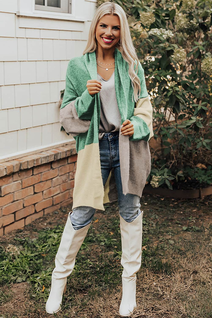 Green Colorblock Draped Open Front Chunky Cardigan