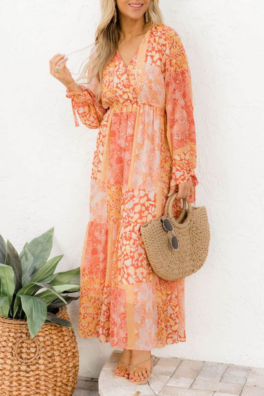 Orange Boho Floral Wrap V Neck Tie Long Sleeve Dress