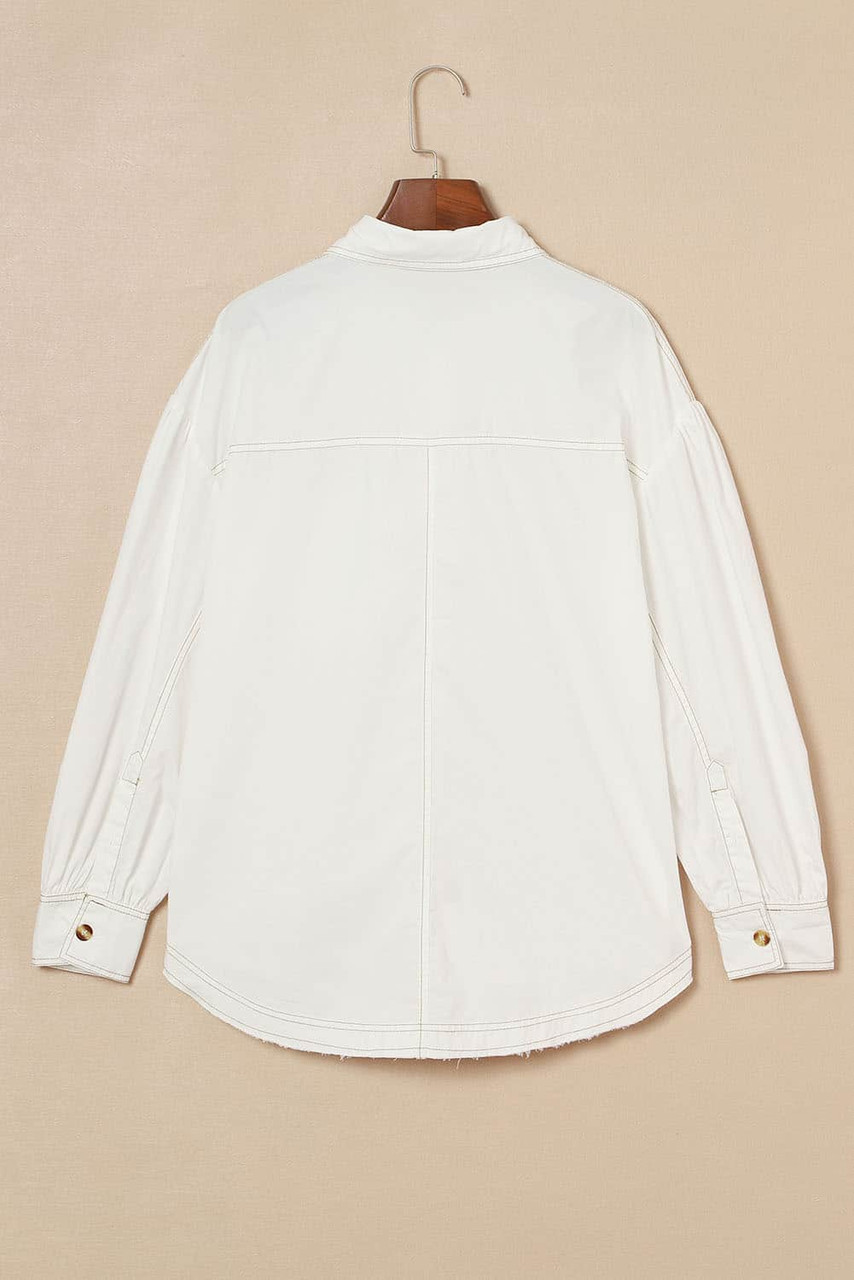 White Drop Shoulder Bubble Sleeve Pocketed Shirt