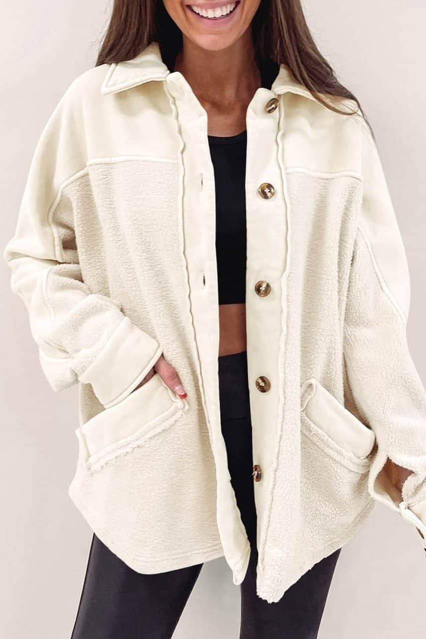 Beige Button-Up Stitching Pocket Raw Hem Shacket Beige Button-Up Stitching Pocket Raw Hem Shacket