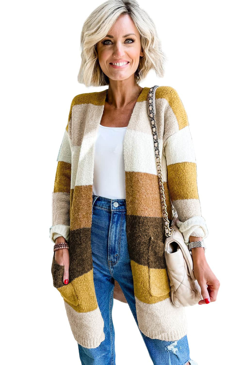 Stripe Colorblock Open Front Pocketed Cardigan