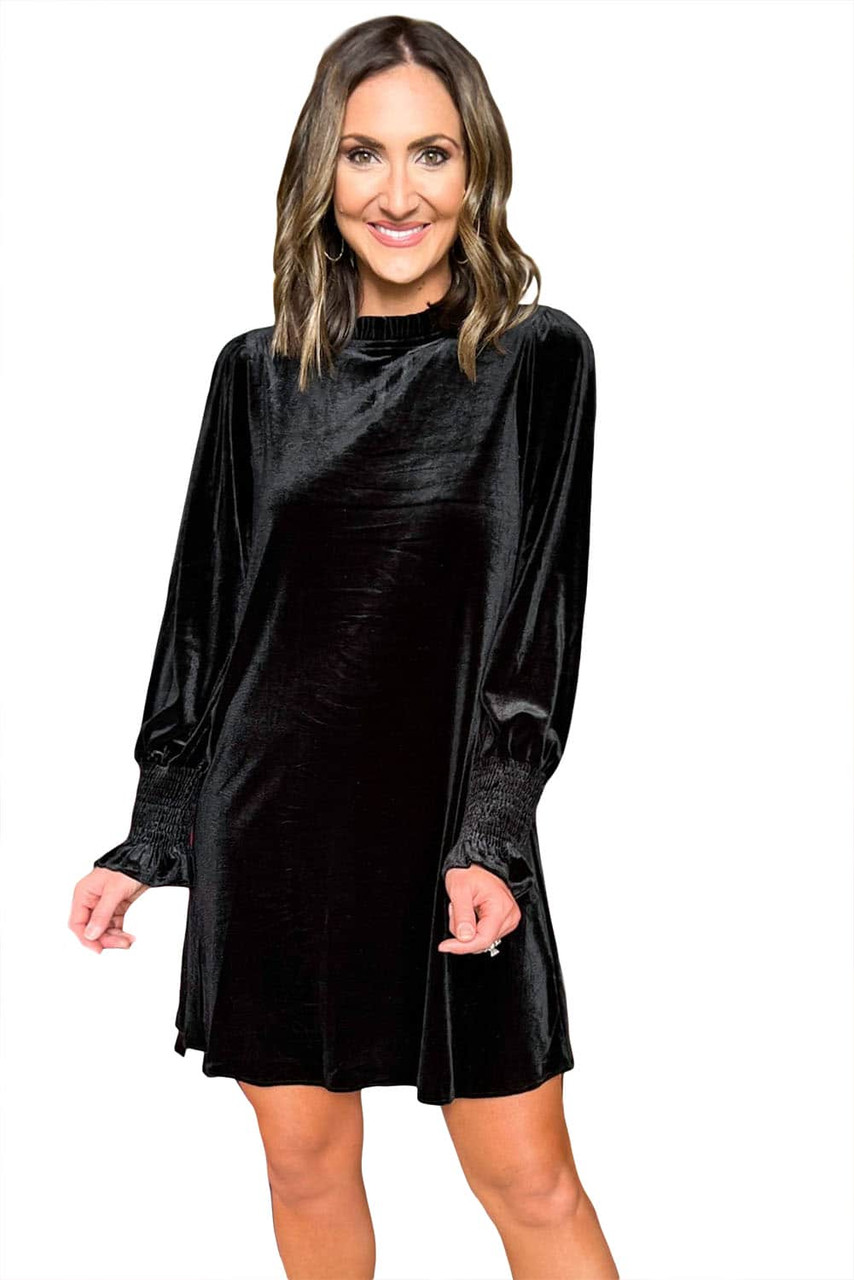 Black Velvet Frill Neck Long Sleeve Shift Dress