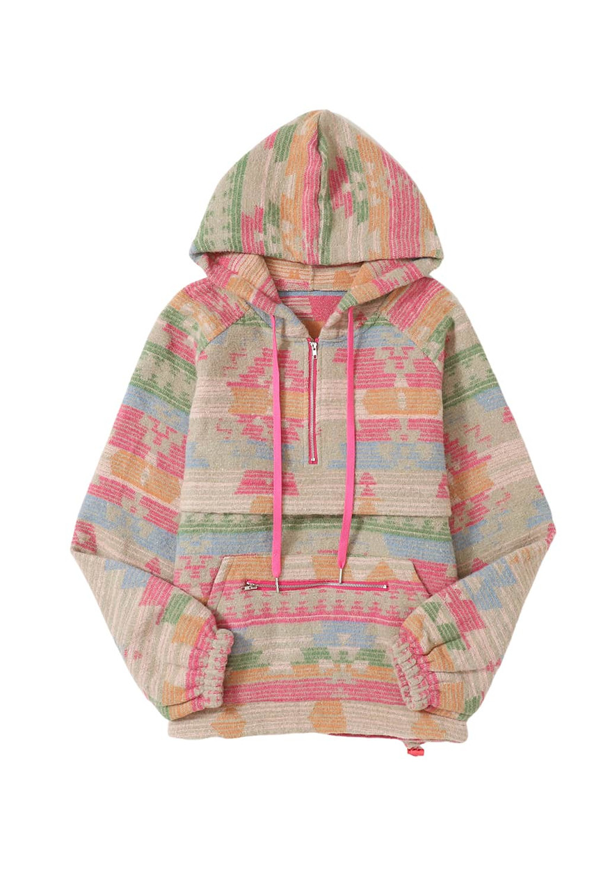 Multicolor Aztec Printed Kangaroo Pocket Zipped Hoodie