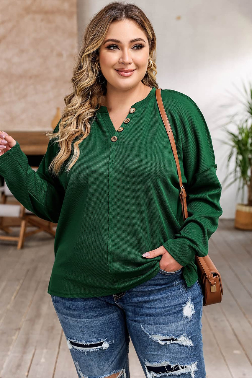 Green Exposed Seam Henley Buttoned Plus Size Long Sleeve Top