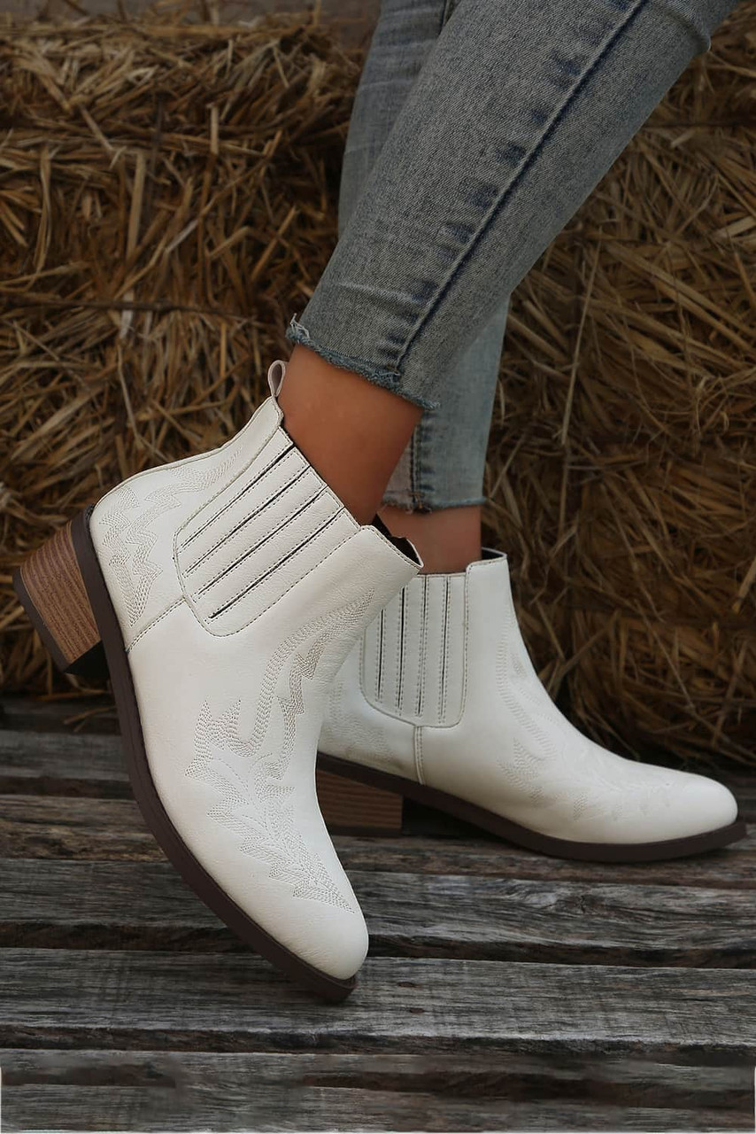 White Embroidered Leather Thick Heel Booties