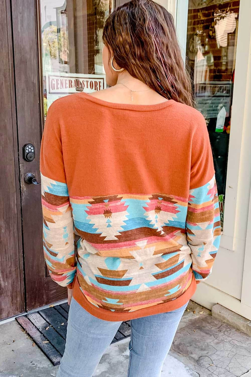 Brown Western Aztec Patchwork Long Sleeve Top