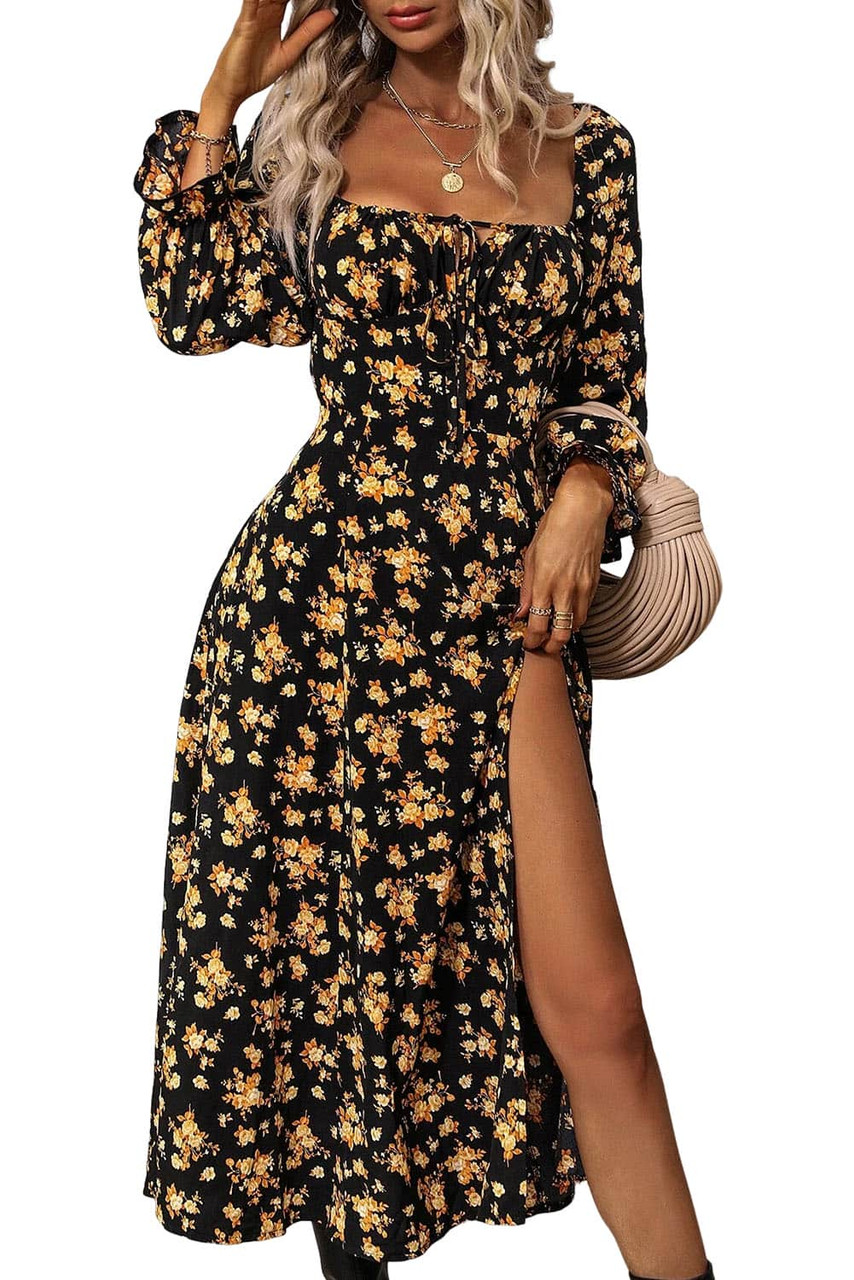 Black Floral Tie Square Neck Puff Sleeve Slit Dress