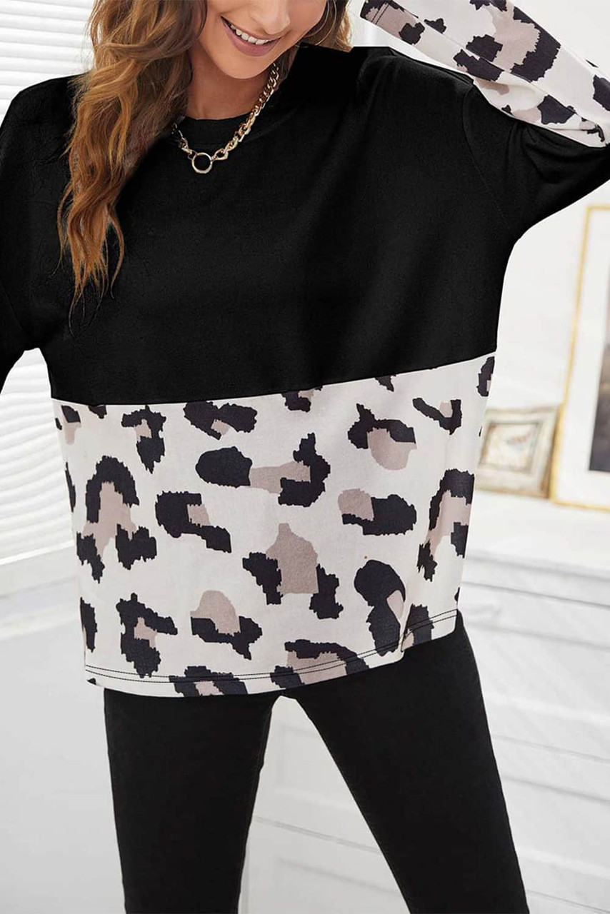 Black Leopard Color Block Long Sleeve Top