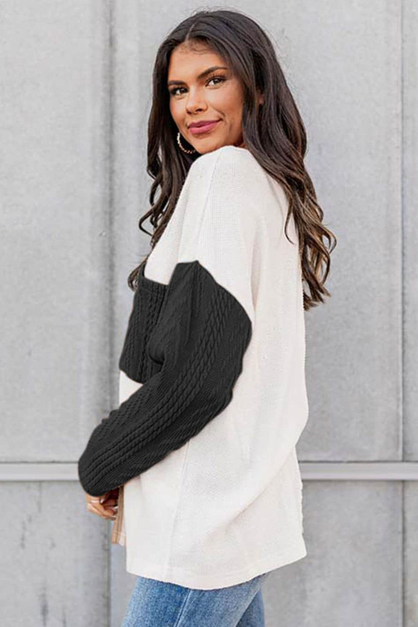 Black Long Sleeve Colorblock Chest Pocket Textured Knit Top