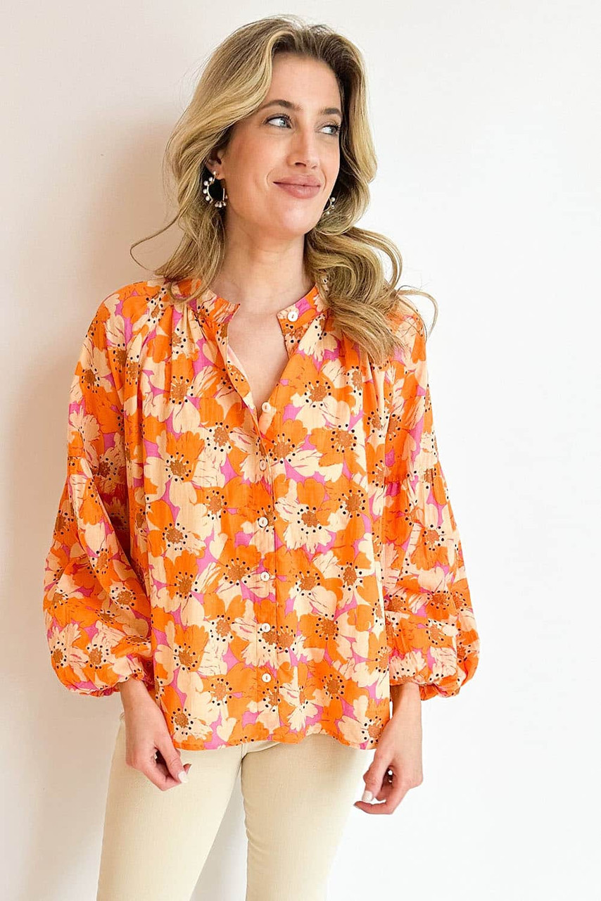 Orange Floral Print Loose Sleeve Shirt