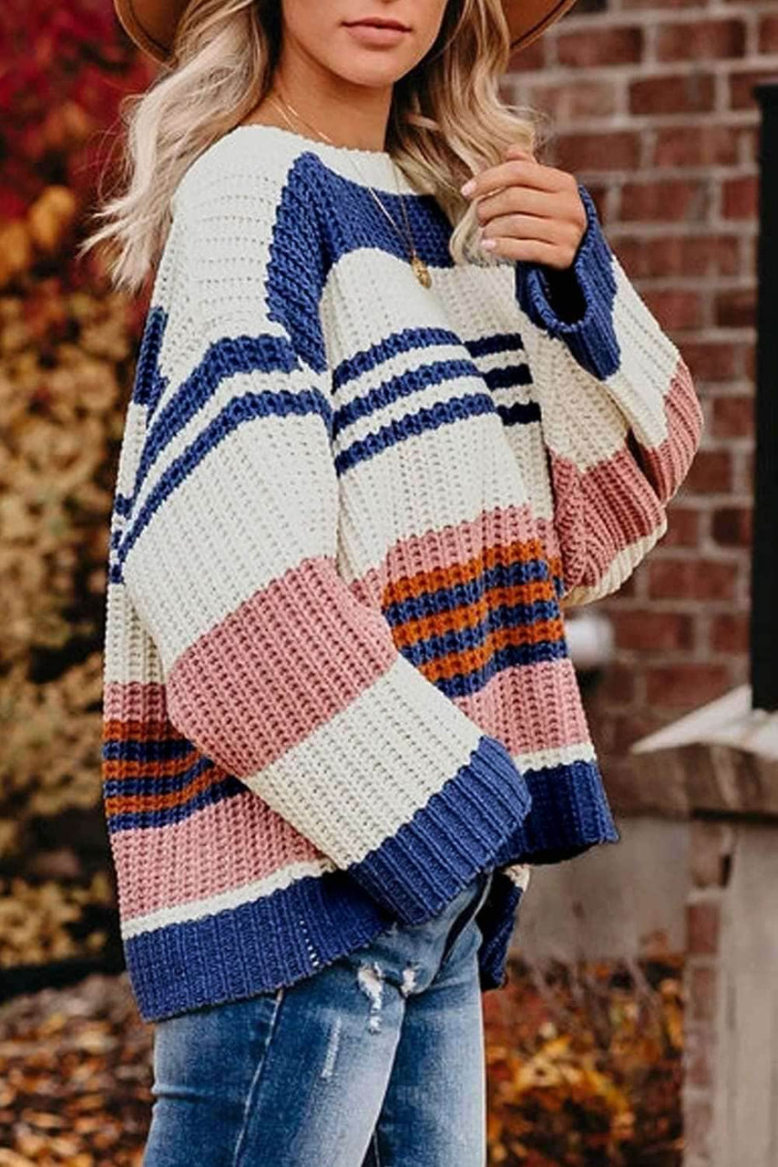 Striped Pattern Knit Sweater For Women