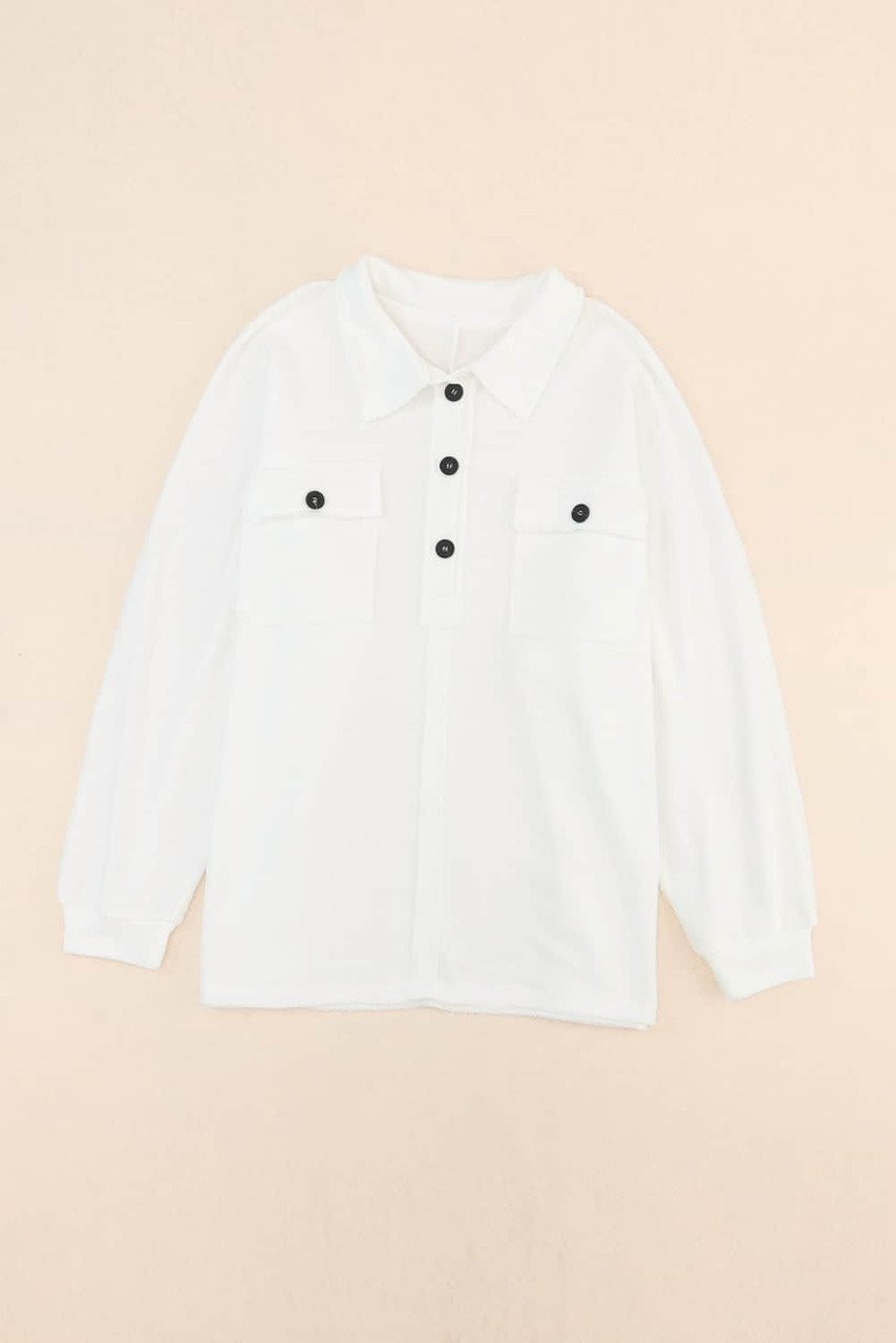 White Plus Size Long Sleeve Flap Pocket Henley Top