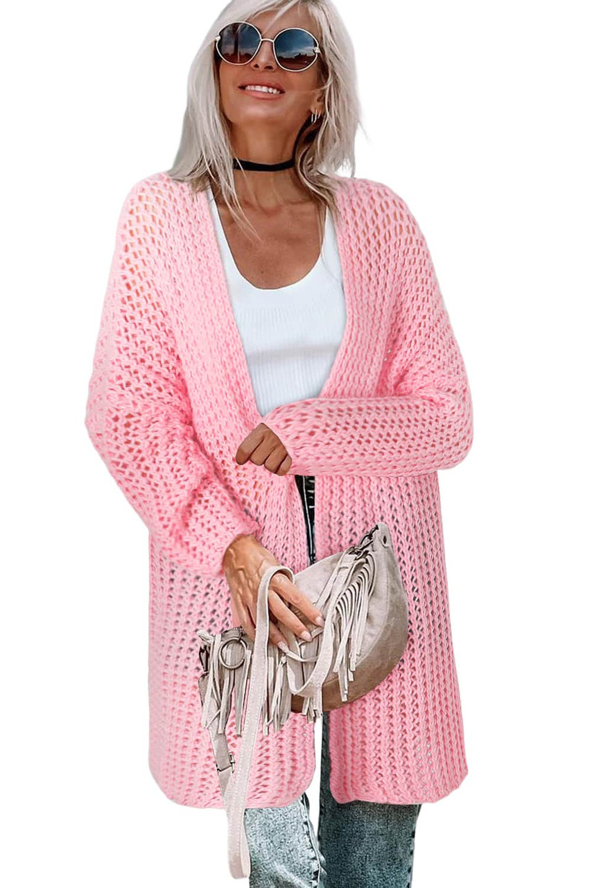 Pink Open Knit Long Sleeve Oversized Cardigan